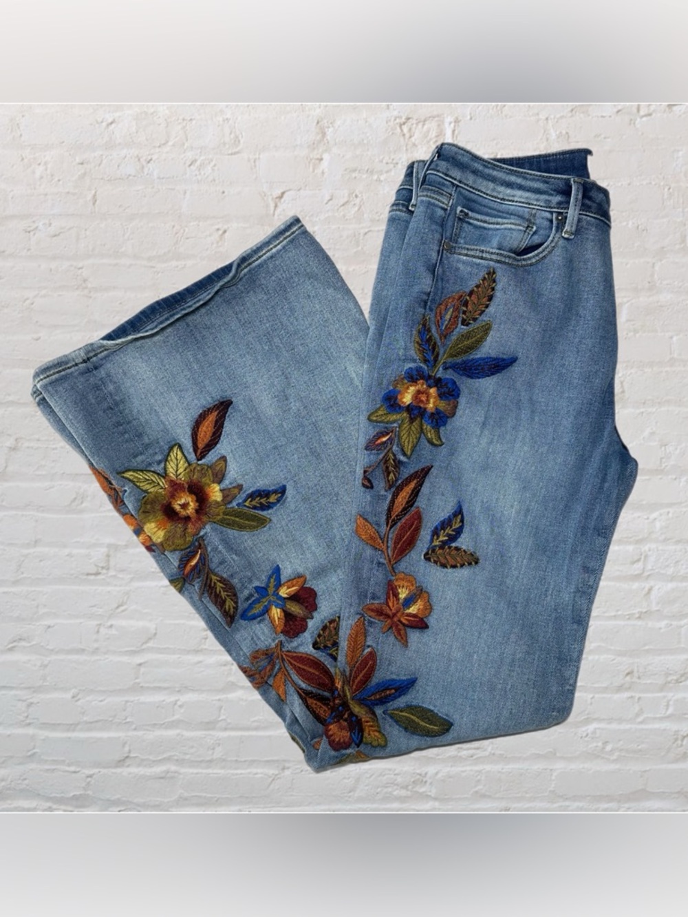 Driftwood x Free People Blue Farrah Embroidered High Rise Wide Flare Jeans in 30